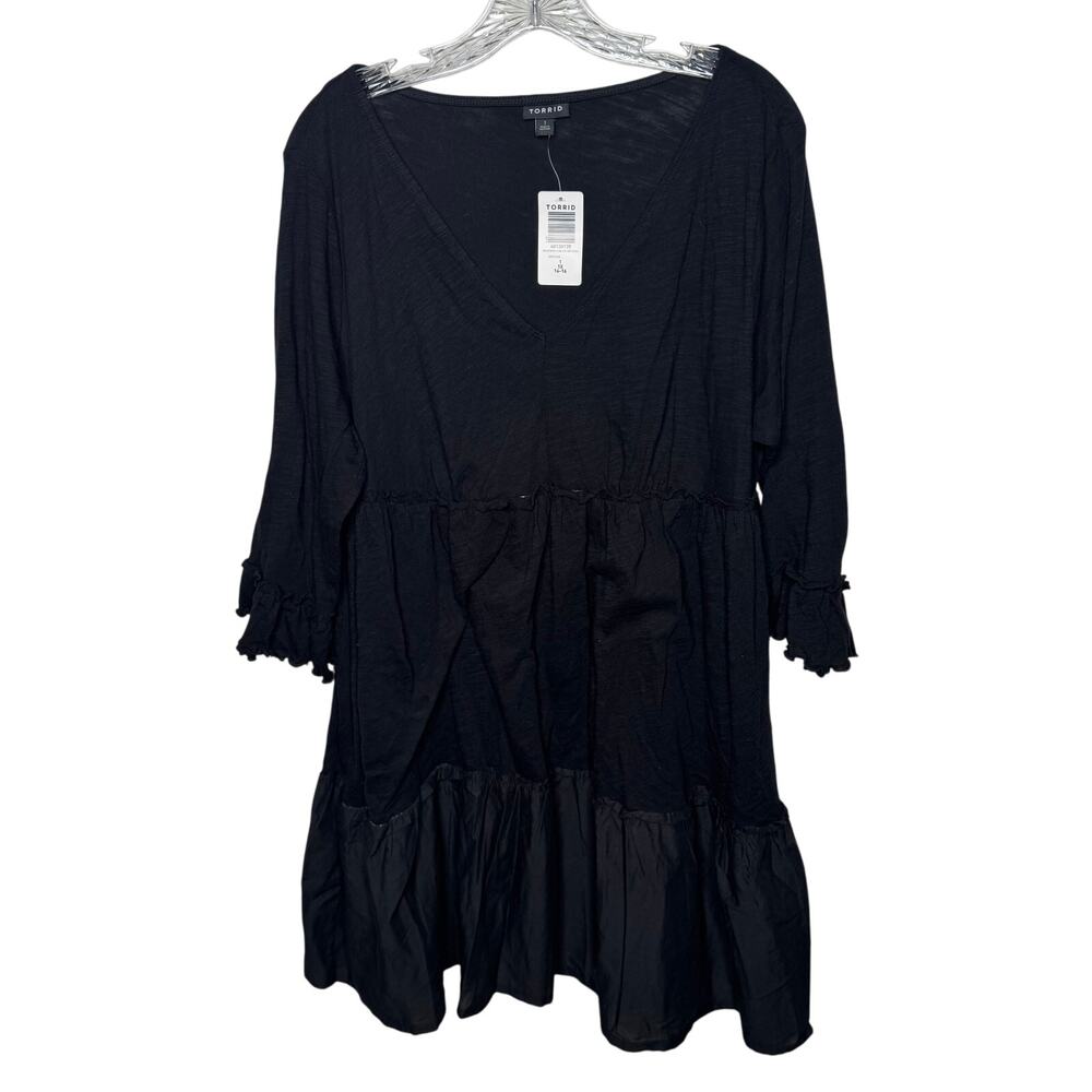 Torrid Black Cotton Mini Ruffle‎ Long Sleeve Cover-Up Dress Size 1 1X 14/16 NWT